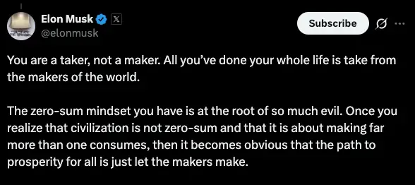 Elon Musk post on civilization being infinite sum, not zero-sum